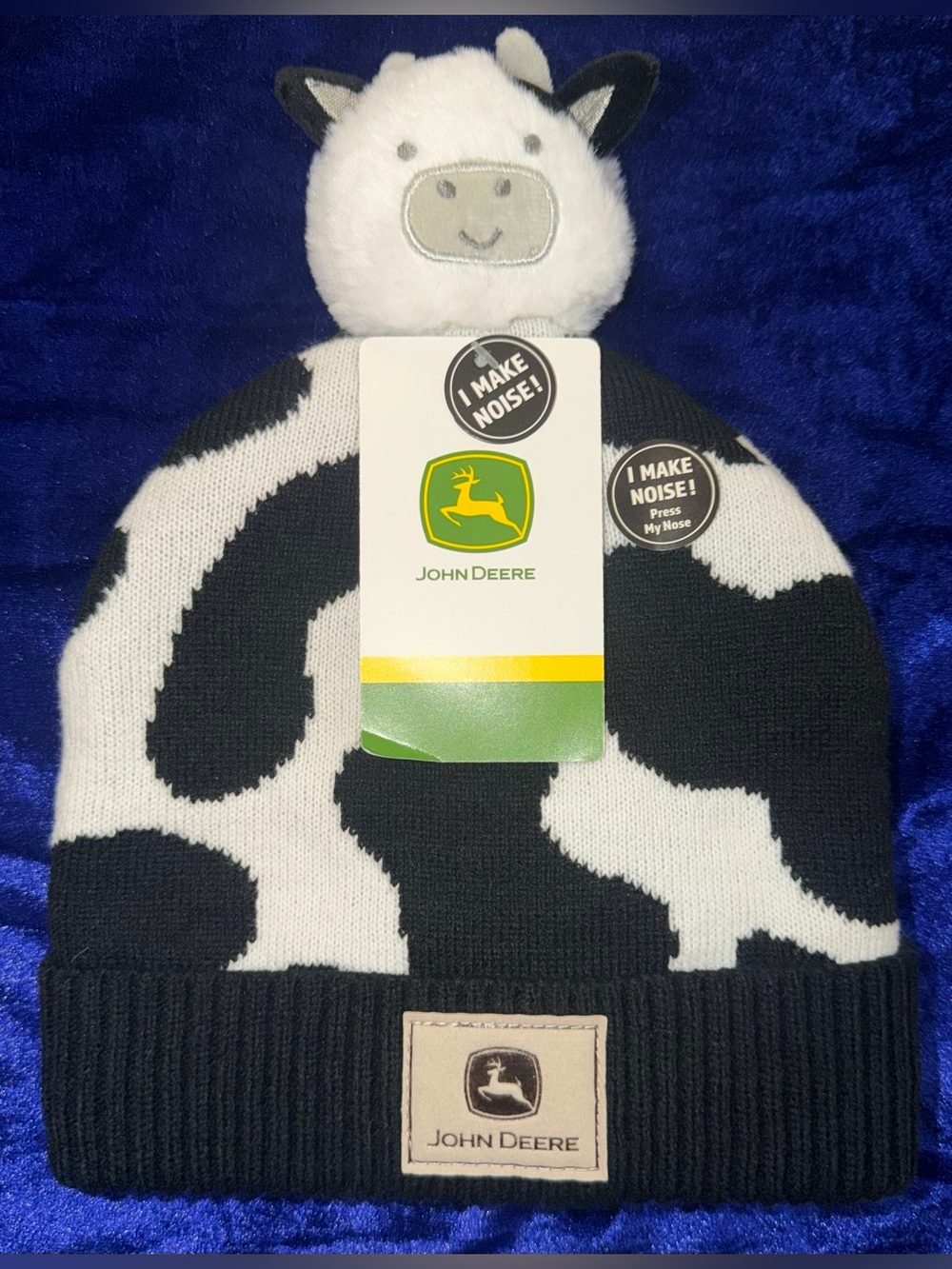 John Deere Black and White Cow Plush Top Kids Beanie